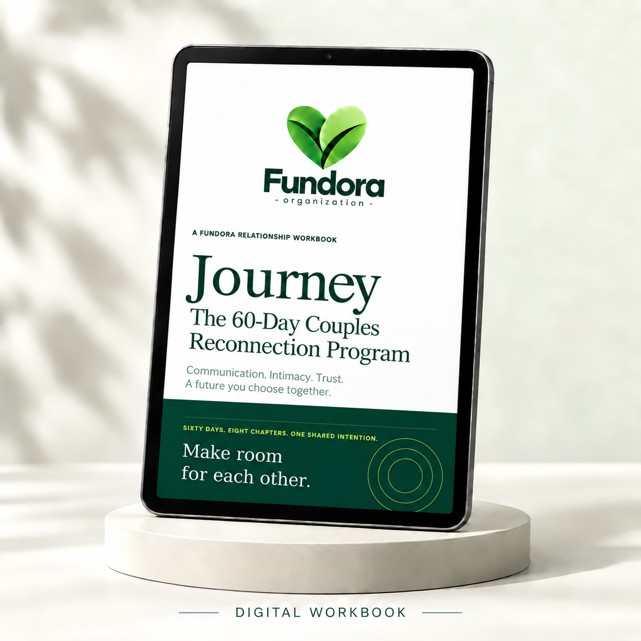 Fundora Journey digital workbook displayed on a tablet
