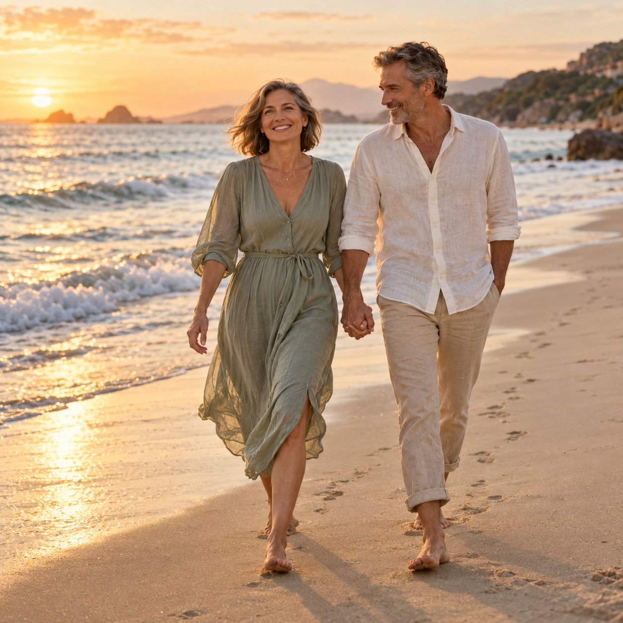 A couple walking on the beach at sunset