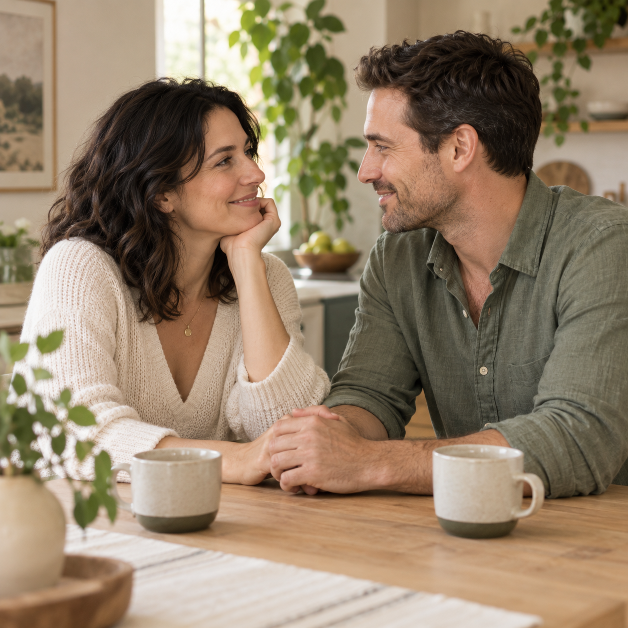 A couple talking over coffee