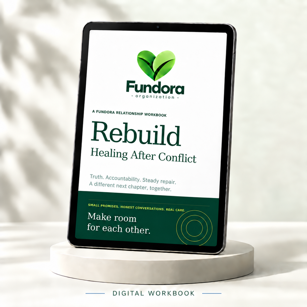 Fundora Rebuild digital workbook displayed on a tablet